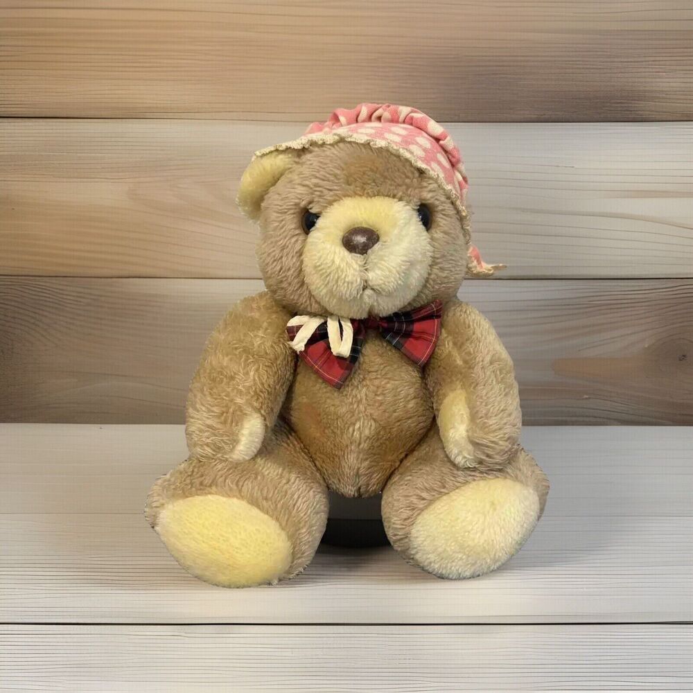 Vintage Gotta Getta Gund Teddy Bear Stuffed Plush Red Plaid Bow Pink Bonnet Hat
